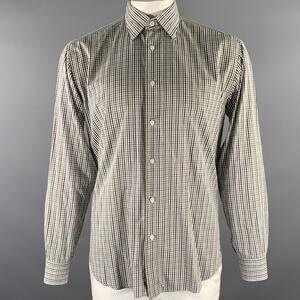 BRIONI Size L Green Brown Plaid Cotton Pointed Collar Long Sleeve Shirt